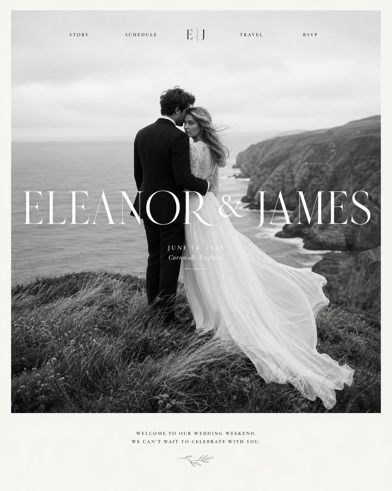 Coastal editorial wedding website homepage mockup with a full-bleed black and white cliffside photograph and a wide serif couple name