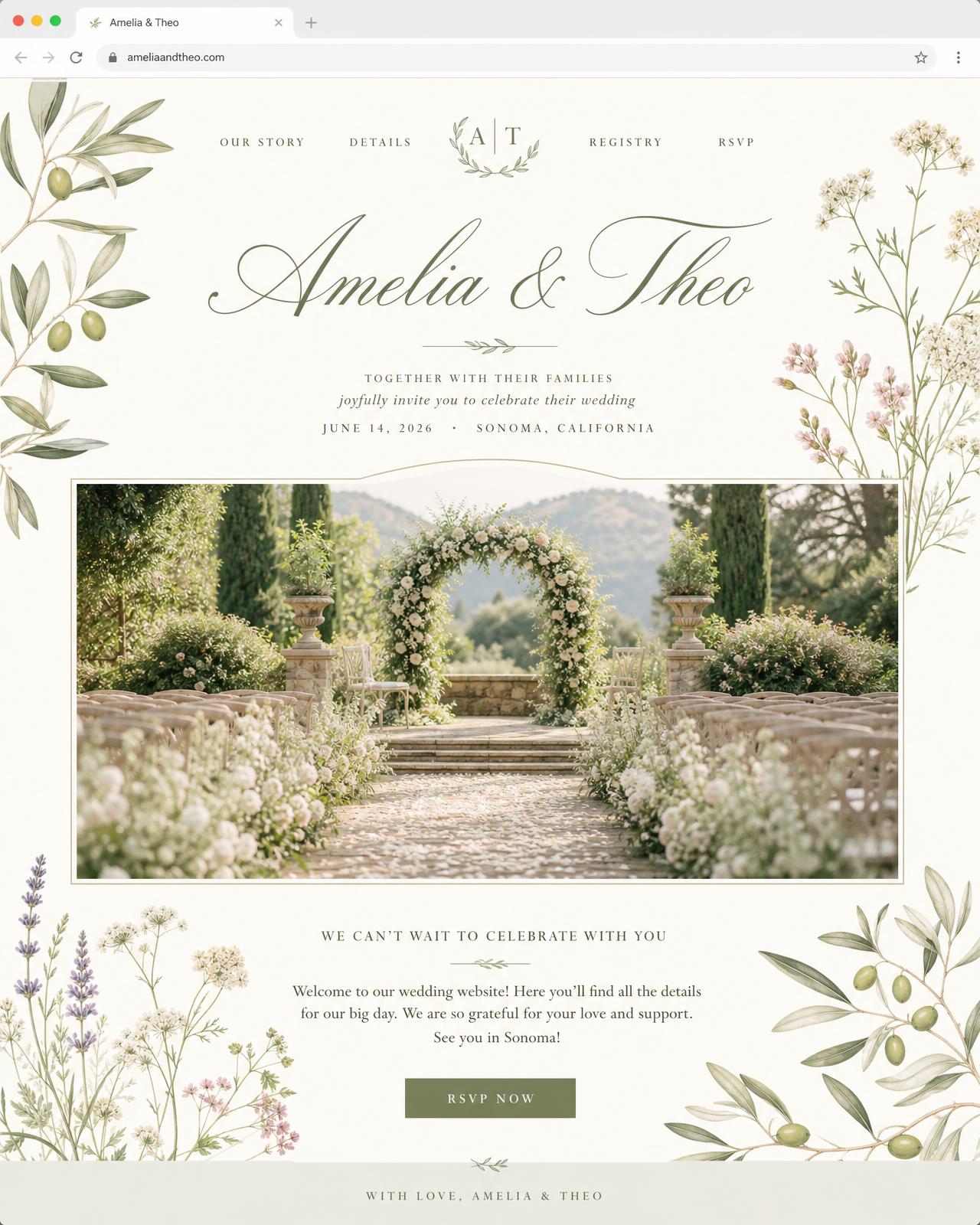 Garden romantic wedding website homepage mockup with painted olive branches, script names in sage green, and a garden ceremony photograph