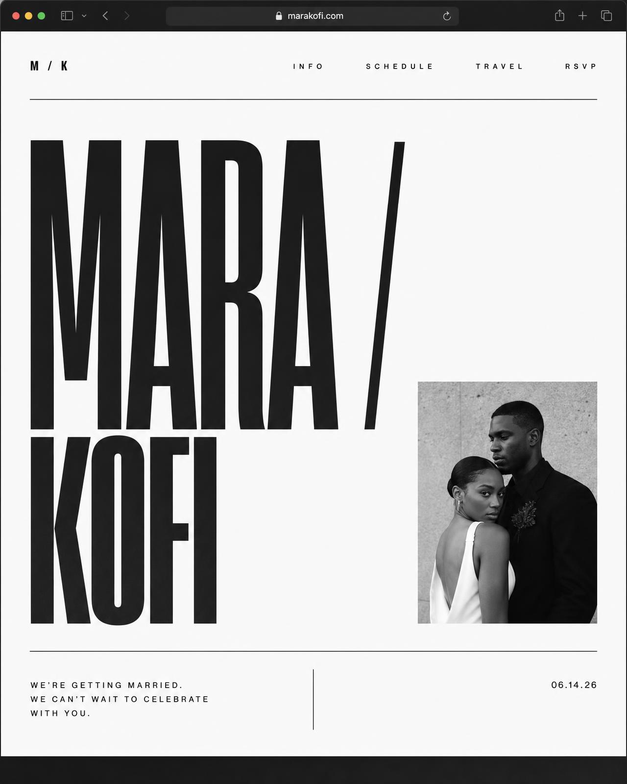 Modern minimal wedding website homepage mockup in black and white with oversized condensed type and a single square portrait